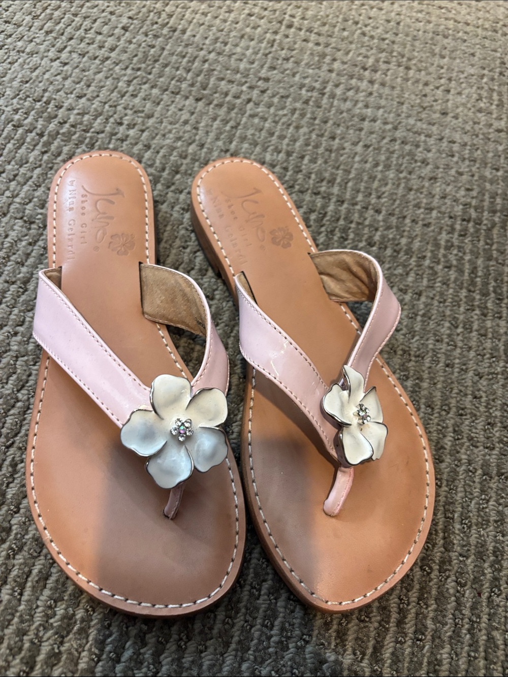 Women's Pink Floral Leather Toe-Post Sandals